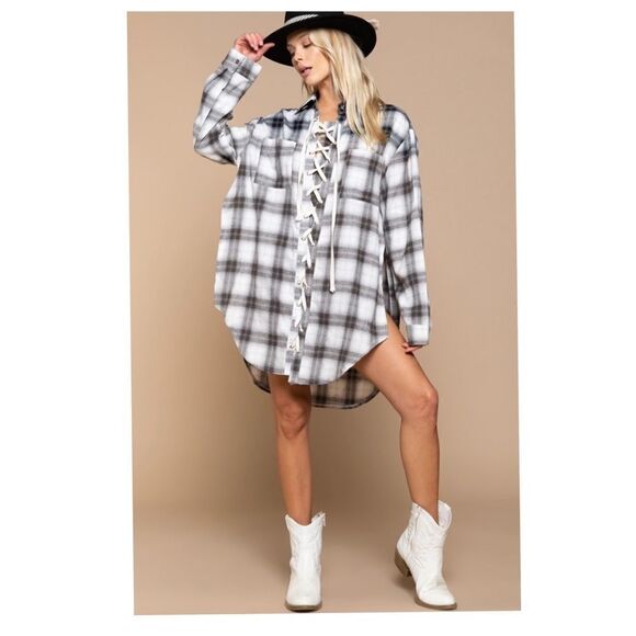 BOHO Black Plaid Lace up Shirt - Picture 6 of 11